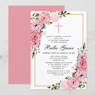 Pink Floral First Community Invitation Kaart