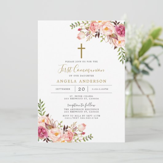 Pink Floral First Community Invitation Kaart (Staand voorkant)