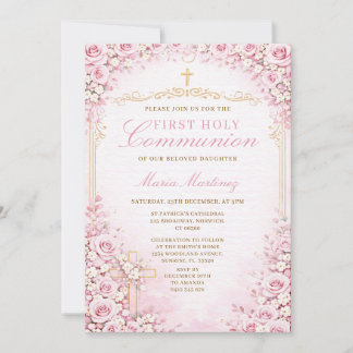 Pink Floral First Holy Communion Cross Religious Kaart