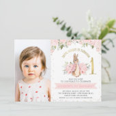 Pink Floral Flopsy Bunny Rabbit 1st Foto Birthday Kaart (Staand voorkant)