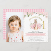Pink Floral Flopsy Bunny Rabbit 1st Foto Birthday Kaart (Voorkant / Achterkant)