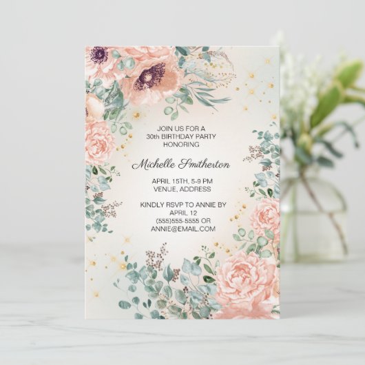 Pink Floral Foliage Gold Glitter 30th Birthday Kaart (Staand voorkant)