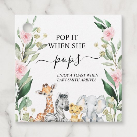 Pink Floral Foliage Safari Pop It Baby shower Bedankjes Labels (Voorkant)