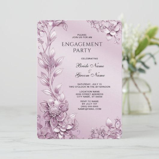 Pink Floral Foliage Verloving Uitnodiging (Staand voorkant)