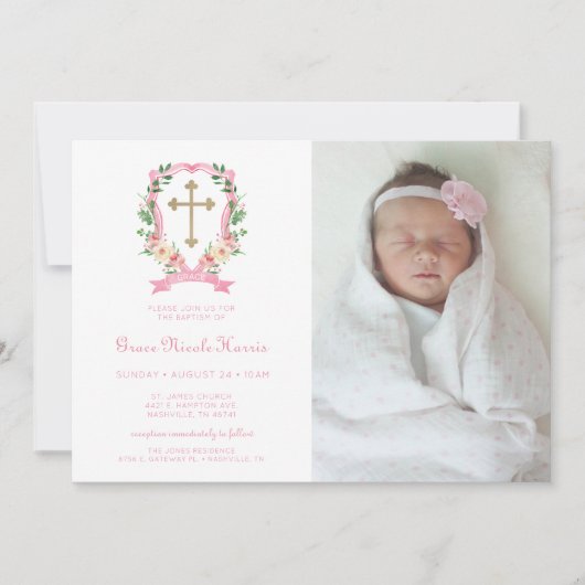 Pink Floral Foto Baptisme Invitation Kaart (Voorkant)