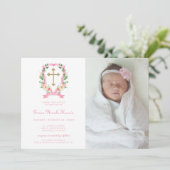 Pink Floral Foto Baptisme Invitation Kaart (Staand voorkant)