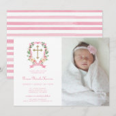 Pink Floral Foto Baptisme Invitation Kaart (Voorkant / Achterkant)