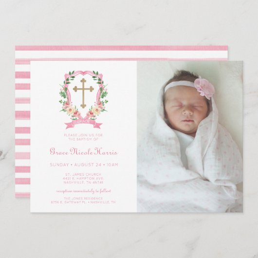 Pink Floral Foto Baptisme Invitation Kaart (Voorkant / Achterkant)
