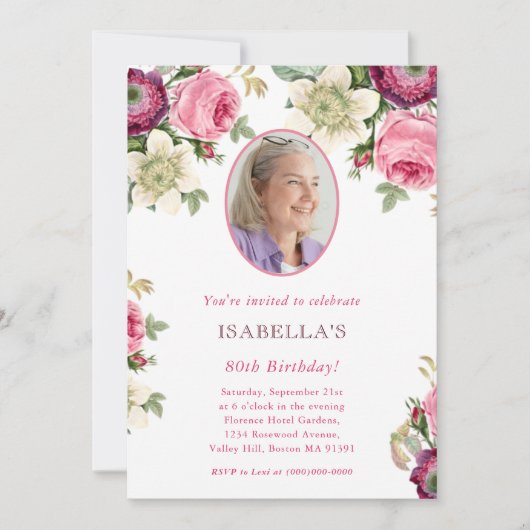 Pink Floral | Foto Verjaardag uitnodiging (Voorkant)