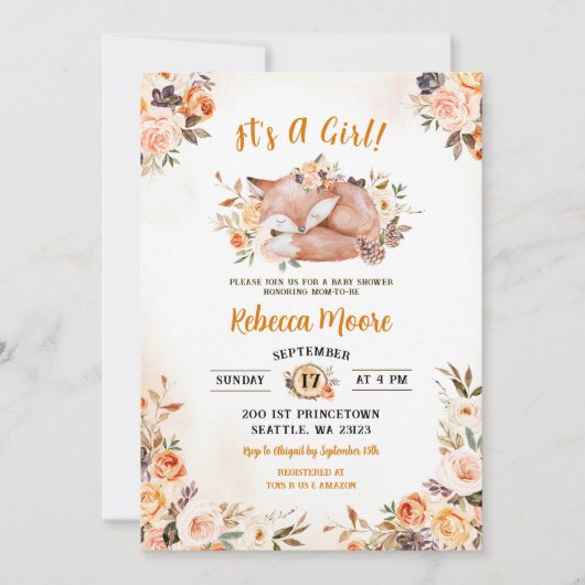 Pink Floral Fox Forest Baby shower Kaart (Voorkant)