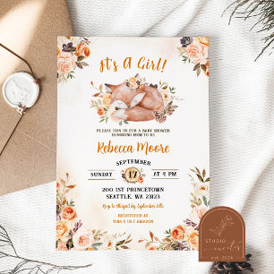 Pink Floral Fox Forest Baby shower Kaart