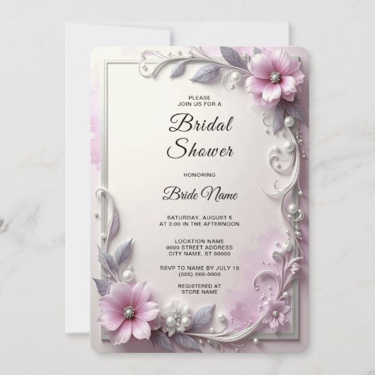 Pink Floral Frame Bridal Shower Kaart (Voorkant)