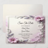 Pink Floral Frame Save The Date (Voorkant / Achterkant)