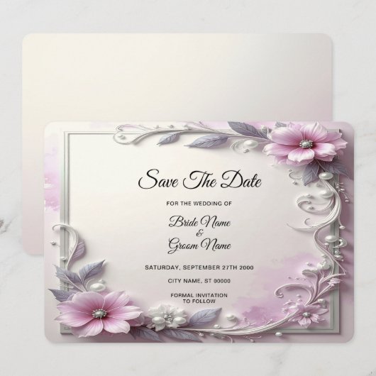 Pink Floral Frame Save The Date (Voorkant / Achterkant)