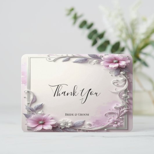 Pink Floral Frame Thank You Card Bedankkaart (Staand voorkant)