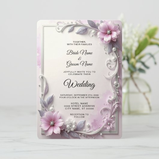 Pink Floral Frame Wedding Invitation Kaart (Staand voorkant)