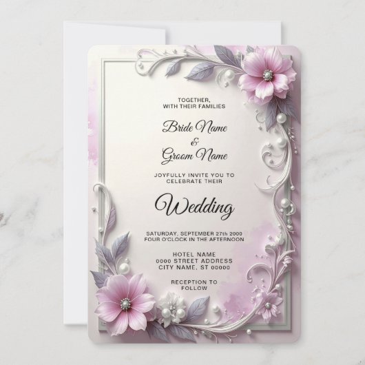 Pink Floral Frame Wedding Invitation Kaart (Voorkant)
