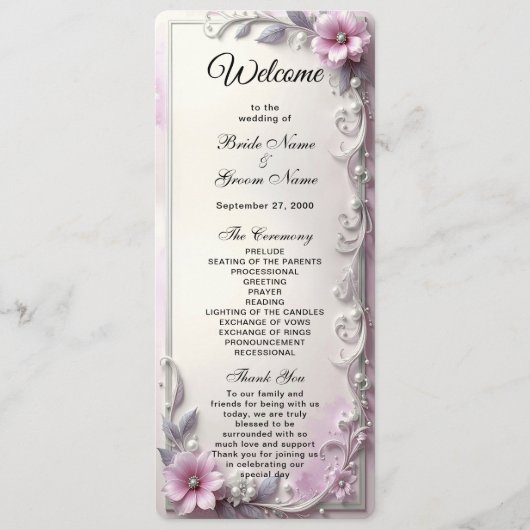 Pink Floral Frame Wedding  Programmakaart (Voorkant)