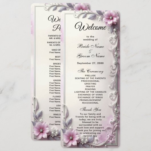 Pink Floral Frame Wedding Programmakaart (Voorkant / Achterkant)