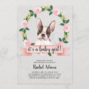 Pink Floral French Bull Dog Baby shower Kaart