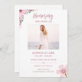 Pink Floral Funeral Invitation Celebration of Life Kaart (Voorkant / Achterkant)