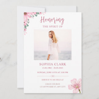 Pink Floral Funeral Invitation Celebration of Life Kaart