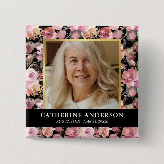 Pink Floral Funeral Memorial Foto Button (Voorkant)