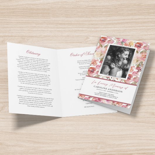 Pink Floral Funeral Order of Service Photo Program Programma