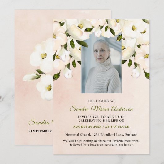 Pink Floral Funeral Photo Celebration life Invite Bedankkaart (Voorkant / Achterkant)
