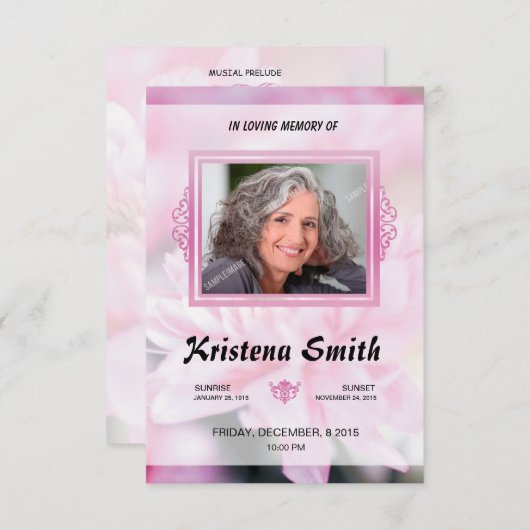 Pink Floral Funeral Program Card Template Kaart (Voorkant / Achterkant)