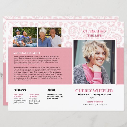 Pink Floral Funeral Program Sjabloon (Voorkant / Achterkant)