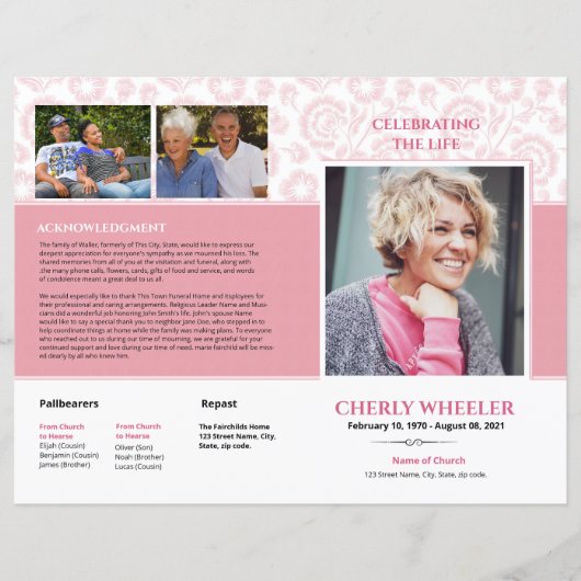 Pink Floral Funeral Program Sjabloon (Voorkant)