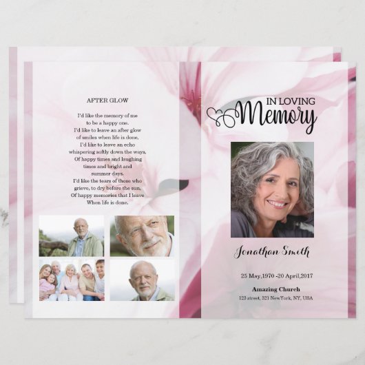 Pink floral Funeral Program template (Voorkant / Achterkant)