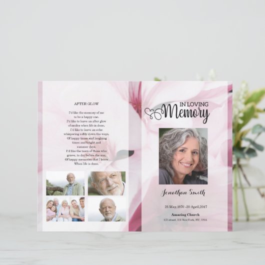 Pink floral Funeral Program template (Staand voorkant)