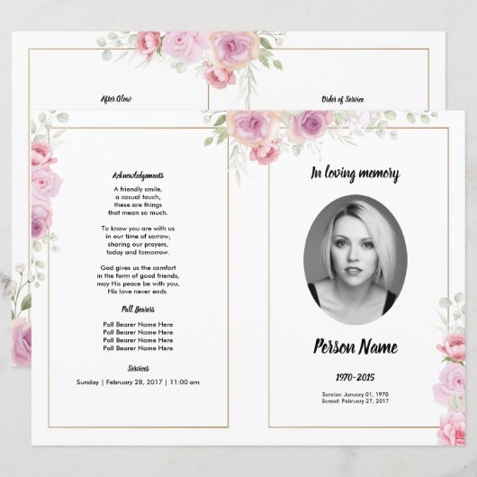 pink Floral Funeral Programme Sjabloon (Voorkant / Achterkant)