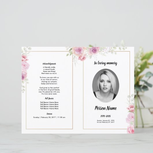 pink Floral Funeral Programme Sjabloon (Staand voorkant)