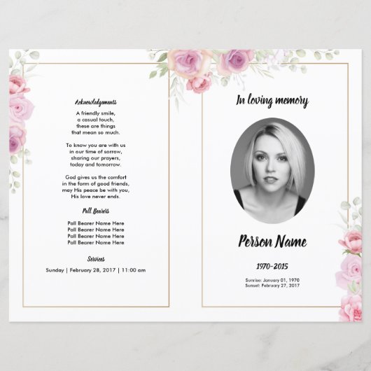 pink Floral Funeral Programme Sjabloon (Voorkant)