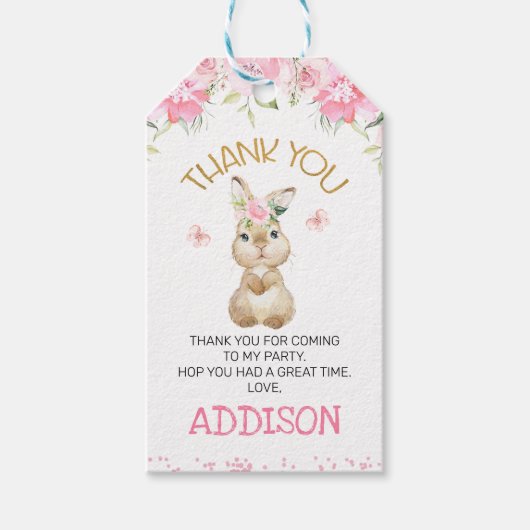 Pink Floral Furry Bunny Birthday Dank je Cadeaulabel (Voorkant)