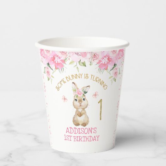 Pink Floral Furry Bunny First Birthday Paper Papieren Bekers (Voorkant)