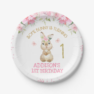 Pink Floral Furry Bunny Gold One First Birthday Papieren Bordje