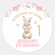 Pink Floral Furry Bunny Gold One First Birthday