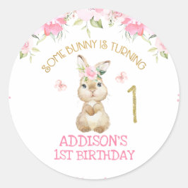 Pink Floral Furry Bunny Gold One First Birthday Ronde Sticker