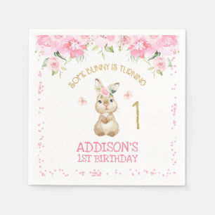 Pink Floral Furry Bunny Gold One First Birthday Servet