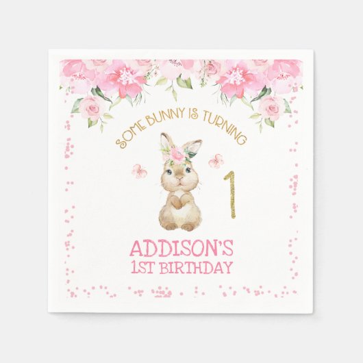 Pink Floral Furry Bunny Gold One First Birthday Servet (Voorkant)