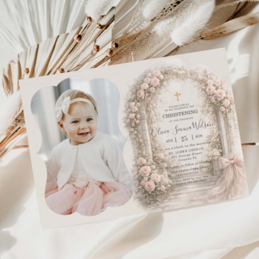 Pink Floral Garden Bow Baptism Christening Photo Kaart