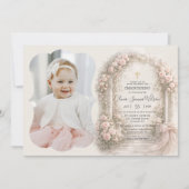 Pink Floral Garden Bow Baptism Christening Photo Kaart (Voorkant)
