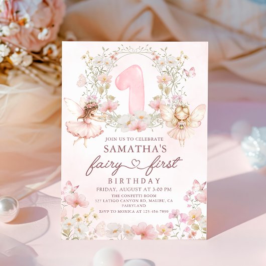 Pink Floral Garden Fairy First Birthday Kaart