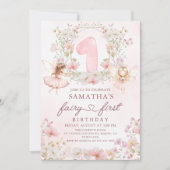Pink Floral Garden Fairy First Birthday Kaart (Voorkant)
