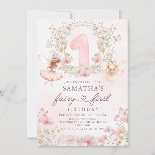 Pink Floral Garden Fairy First Birthday Kaart (Voorkant)