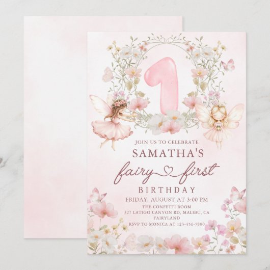 Pink Floral Garden Fairy First Birthday Kaart (Voorkant / Achterkant)